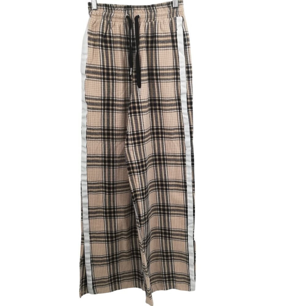 Maniere De Voir Plaid Flannel Wide Leg Pull On Elastic Waist Pants Size 8 Beige